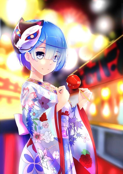 Anime picture 2480x3508 with re:zero kara hajimeru isekai seikatsu white fox rem (re:zero) -rin single tall image looking at viewer fringe highres short hair blue eyes smile hair between eyes standing holding blue hair outdoors traditional clothes japanese clothes blurry