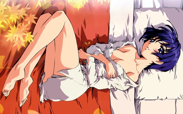 Anime picture 1680x1050 with ai yori aoshi j.c. staff sakuraba aoi single looking at viewer short hair breasts blue eyes light erotic wide image large breasts blue hair full body lying light smile from above bare legs on side naked shirt girl