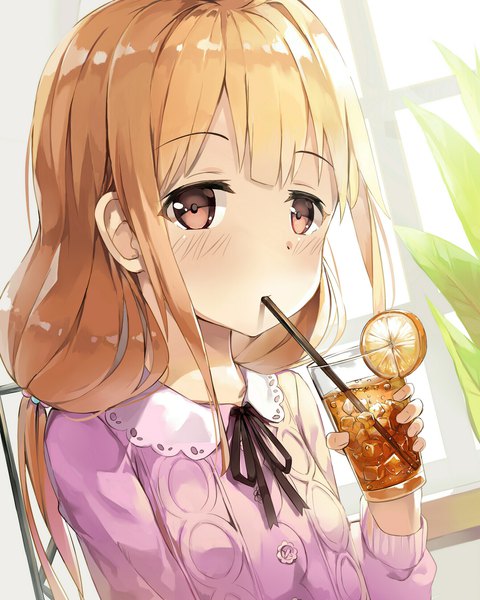 Anime picture 1800x2250 with idolmaster idolmaster cinderella girls futaba anzu seneto single long hair tall image looking at viewer blush fringe highres blonde hair twintails holding brown eyes payot upper body indoors mouth hold low twintails