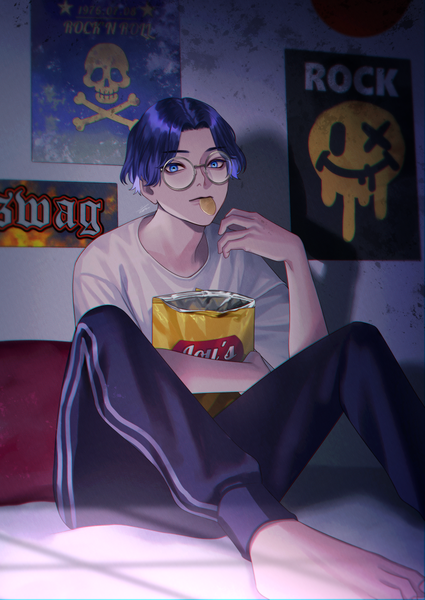 Anime picture 850x1200 with original lay's kurayoshi samu (sum) single tall image looking at viewer short hair blue eyes sitting holding signed blue hair indoors multicolored hair barefoot arm up night shadow streaked hair mouth hold