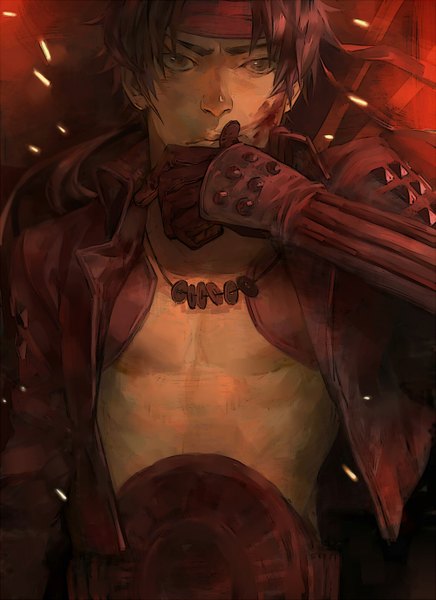 Anime picture 1000x1376 with sengoku basara production i.g sanada yukimura shishio (pixiv) single long hair tall image simple background brown hair brown eyes open clothes open jacket hand to mouth boy gloves choker jacket pendant blood hachimaki
