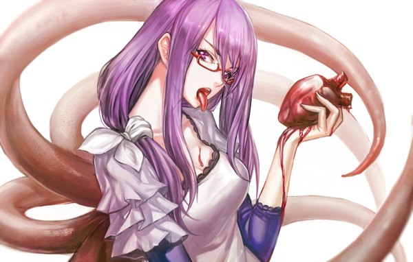 Anime picture 1500x956 with tokyo ghoul studio pierrot kamishiro rize infukun single long hair looking at viewer open mouth purple eyes purple hair girl dress glasses tongue blood kagune heart (organ)