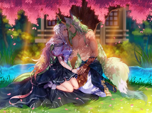 Anime picture 900x668 with original akubaka long hair blush light erotic sitting holding signed animal ears pink hair cleavage white hair tail traditional clothes japanese clothes animal tail profile green hair sunlight leaning