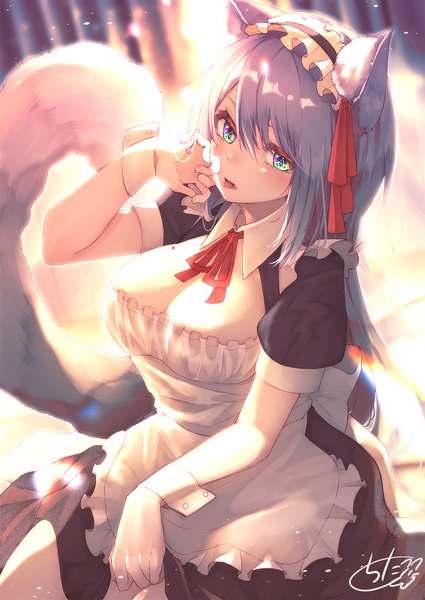 Anime picture 1417x2000 with original chita (ketchup) single long hair tall image looking at viewer blush fringe breasts open mouth blue eyes light erotic hair between eyes sitting signed animal ears tail animal tail grey hair sunlight