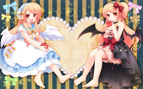 Anime picture 1555x972 with original ringo yuyu long hair looking at viewer blush open mouth blonde hair smile wide image multiple girls ponytail orange eyes side ponytail angel wings bat wings girl dress bow 2 girls hair bow