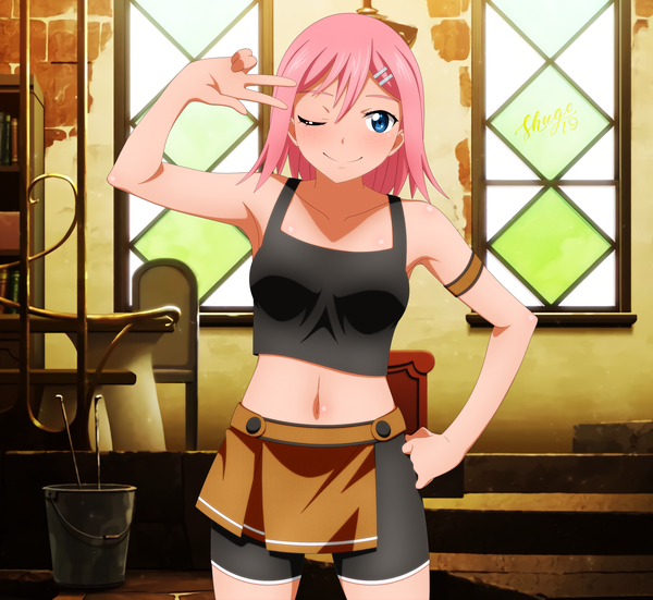 Anime picture 2722x2500 with original shugo19 single looking at viewer blush fringe highres short hair blue eyes smile hair between eyes standing bare shoulders signed pink hair indoors one eye closed arm up wink midriff
