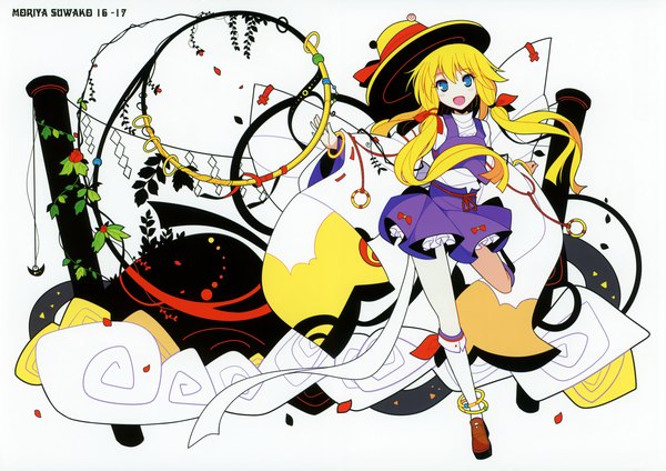 Anime picture 5694x4032 with touhou moriya suwako pyonta ideolo single long hair looking at viewer fringe highres open mouth blue eyes blonde hair hair between eyes standing absurdres scan character names standing on one leg girl skirt