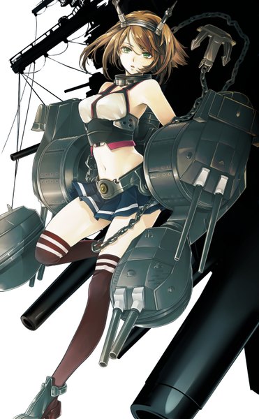 Anime picture 910x1470 with kantai collection mutsu battleship aokoma single tall image looking at viewer fringe short hair breasts simple background brown hair standing white background green eyes pleated skirt midriff girl thighhighs skirt navel