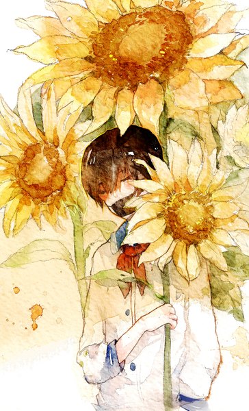 Anime picture 1000x1645 with original mei (artist) single tall image short hair brown hair holding eyes closed traditional media watercolor (medium) boy uniform flower (flowers) neckerchief sunflower