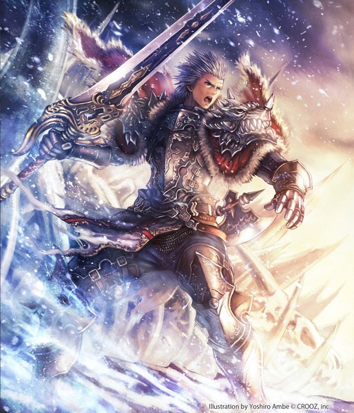 Anime picture 1370x1600 with shinma x keishou! ragnabreak original anbe yoshirou single tall image short hair open mouth signed silver hair wind black eyes from below snowing winter fighting stance boy gloves weapon sword armor