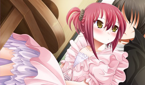 Anime picture 1024x600 with kono sekai no mukou de blush short hair wide image yellow eyes game cg red hair loli girl dress boy