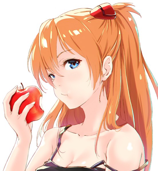 Anime picture 2046x2222 with neon genesis evangelion gainax soryu asuka langley badmilk single long hair tall image looking at viewer fringe highres blue eyes simple background hair between eyes white background bare shoulders holding cleavage orange hair eating girl
