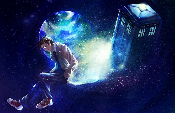 Anime picture 1000x650 with the doctor tardis doctor who short hair smile open clothes open jacket hands in pockets space boy glasses jacket star (stars) sneakers phone earth phone booth