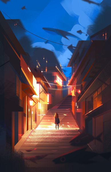 Anime picture 2500x3864 with original jenny yu single tall image highres standing outdoors night night sky light city lights surreal alley girl animal building (buildings) fish (fishes) stairs house whale