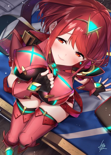 Anime picture 1813x2536 with xenoblade xenoblade 2 pyra (xenoblade) baffu single tall image looking at viewer blush highres short hair breasts light erotic smile red eyes large breasts sitting signed red hair from above arm support