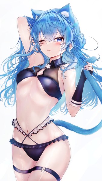 Anime picture 3268x5802 with virtual youtuber hololive hoshimachi suisei yu lei single long hair tall image looking at viewer blush fringe highres breasts blue eyes light erotic simple background hair between eyes standing white background holding animal ears