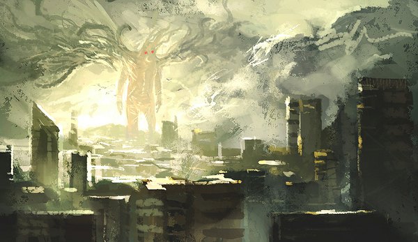 Anime picture 1024x593 with original tobiee red eyes wide image city glowing glowing eye (eyes) dust building (buildings) monster