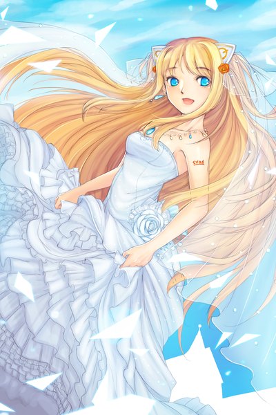 Anime picture 1200x1800 with vocaloid seeu single long hair tall image open mouth blue eyes blonde hair bare shoulders animal ears cat ears tattoo girl dress earrings pendant wedding dress