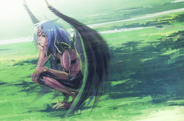 Anime picture 1200x790 with yu-gi-oh! yubel moribuden single long hair smile sitting green eyes yellow eyes blue hair looking away sky outdoors lipstick heterochromia facial mark bat wings ghost hand on knee spiked hair