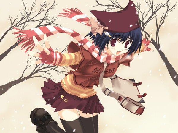 Anime picture 1333x1000 with mitsumi misato single animal ears cat girl girl thighhighs scarf striped scarf