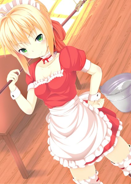Anime picture 800x1129 with fate (series) fate/extra type-moon nero claudius (fate) (all) nero claudius (fate) kinta (distortion) single tall image looking at viewer blush short hair blonde hair green eyes maid girl frills headdress maid headdress mop