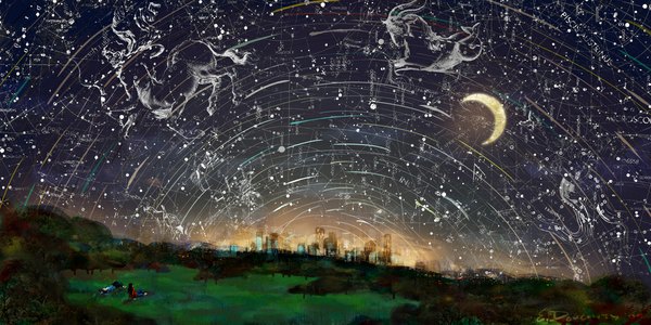 Anime picture 1152x576 with original firry (artist) wide image night city landscape constellation panorama moon