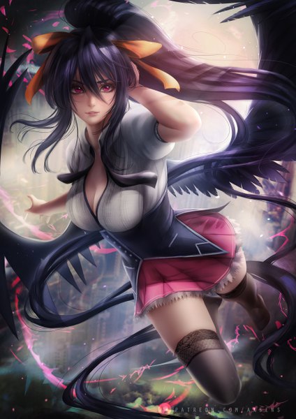 Anime picture 3532x5000 with highschool dxd himejima akeno axsen single tall image looking at viewer fringe highres breasts light erotic black hair hair between eyes large breasts signed payot absurdres cleavage full body bent knee (knees) outdoors