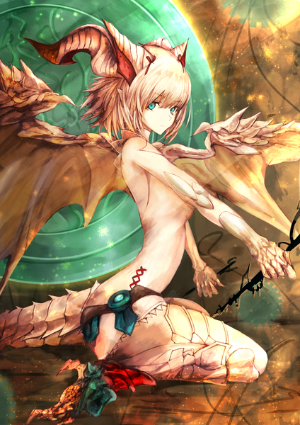 Anime picture 1157x1637 with puzzle & dragons miru (p&d) kaze minoru so-ru single tall image looking at viewer fringe blonde hair hair between eyes sitting holding animal ears horn (horns) aqua eyes pointy ears sparkle outstretched arm wariza arched back dragon girl