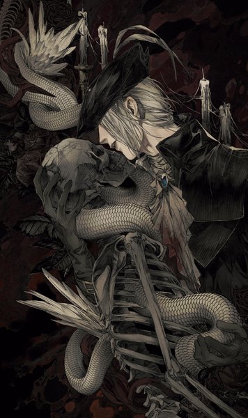 Anime picture 1086x1831 with bloodborne from software lady maria of the astral clocktower megasus single tall image short hair white hair parted lips skeleton girl gloves hat black gloves skull