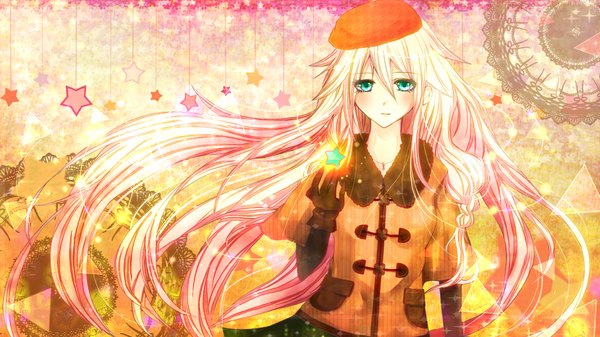 Anime picture 1920x1080 with vocaloid ia (vocaloid) chaperu (mukuone) single long hair looking at viewer blush fringe highres blonde hair hair between eyes wide image pink hair multicolored hair arm up aqua eyes wallpaper floating hair gradient hair girl