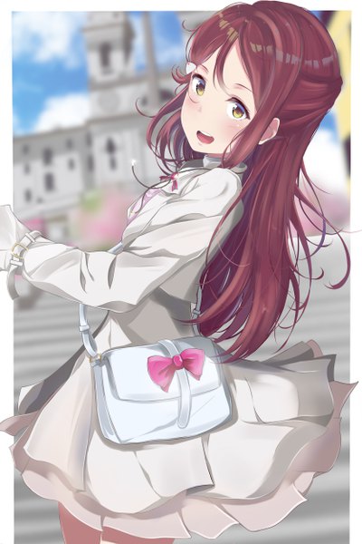 Anime-Bild 3333x5000 mit love live! sunshine!! sunrise (studio) love live! sakurauchi riko prelude ls single long hair tall image looking at viewer blush fringe highres open mouth smile hair between eyes yellow eyes absurdres outdoors red hair depth of field