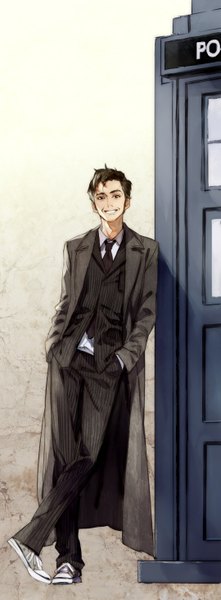 Anime picture 539x1458 with the doctor tardis doctor who psd (pixiv) single tall image looking at viewer short hair open mouth simple background smile brown hair standing brown eyes teeth shadow grin crossed legs hands in pockets boy