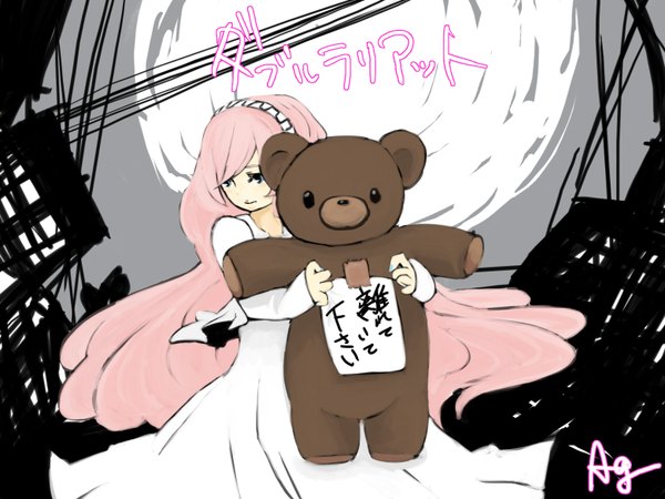Anime picture 1560x1170 with vocaloid double lariat (vocaloid) megurine luka kaprice single long hair blue eyes holding pink hair girl dress white dress building (buildings) toy stuffed animal full moon teddy bear