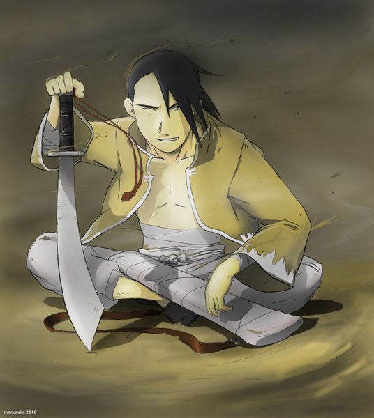 Anime picture 2624x2936 with fullmetal alchemist studio bones ling yao mark331 single tall image highres black hair sitting one eye closed wink open clothes open shirt desert boy weapon sword bandage (bandages)