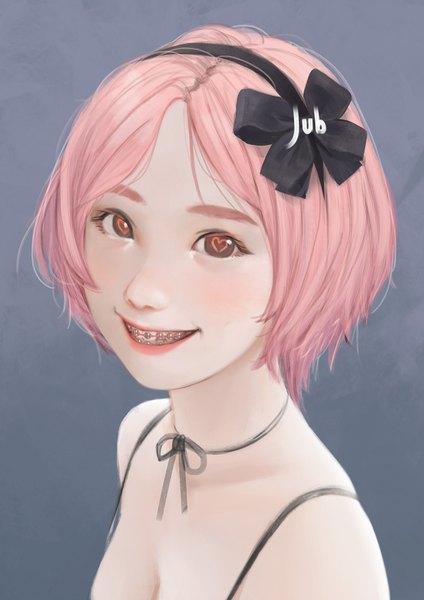 Anime picture 2480x3508 with original lika (jubi) jubi (regiana) single tall image looking at viewer highres short hair smile bare shoulders brown eyes signed pink hair realistic grey background symbol-shaped pupils portrait heart-shaped pupils girl bow
