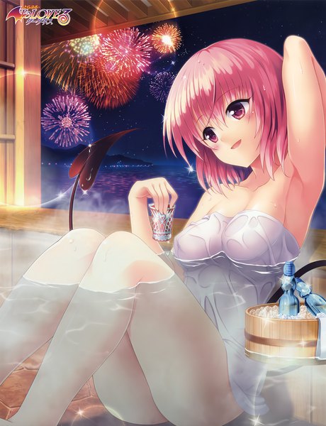 Anime picture 3950x5153 with toloveru toloveru darkness xebec momo velia deviluke yabuki kentarou single tall image blush highres short hair breasts open mouth light erotic sitting purple eyes holding looking away pink hair absurdres bent knee (knees)