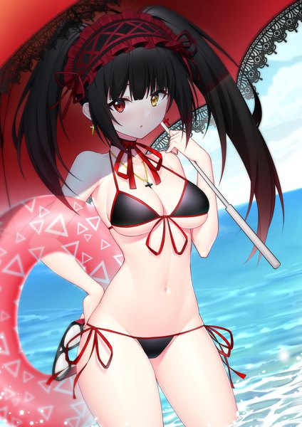 Anime picture 2894x4093 with date a live tokisaki kurumi wu yao jun single long hair tall image looking at viewer fringe highres breasts open mouth light erotic black hair red eyes standing twintails holding yellow eyes payot sky