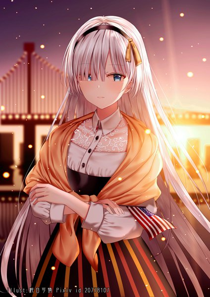 Anime picture 2892x4096 with fate (series) fate/grand order anastasia (fate) junpaku karen single tall image looking at viewer blush fringe highres blue eyes standing signed sky silver hair outdoors very long hair blurry hair over one eye depth of field