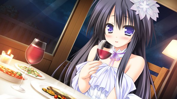 Anime picture 1280x720 with sekai to sekai no mannaka de shiratori aira moekibara fumitake single long hair blush blue eyes wide image bare shoulders blue hair game cg girl dress hair ornament food