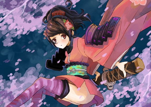 Anime picture 2000x1414 with oboro muramasa (game) vanillaware momohime tsukii single long hair highres red eyes brown hair japanese clothes girl thighhighs petals sword belt kimono katana