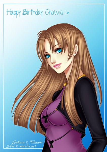 Anime picture 636x900 with original m-aelis single long hair tall image breasts blue eyes simple background brown hair signed wind lips blue background framed happy birthday girl clothes