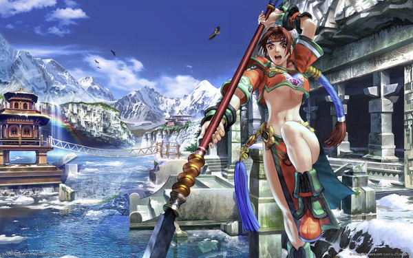 Anime picture 1280x800 with soulcalibur seung mina breasts light erotic wide image midriff wallpaper underboob mountain water spear polearm shrine