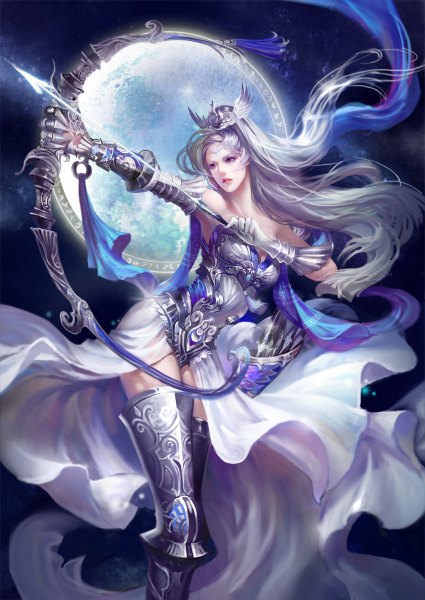 Anime picture 850x1200 with original jjlovely single long hair tall image breasts bare shoulders holding looking away silver hair lips realistic glowing glowing weapon girl gloves hair ornament weapon boots armor
