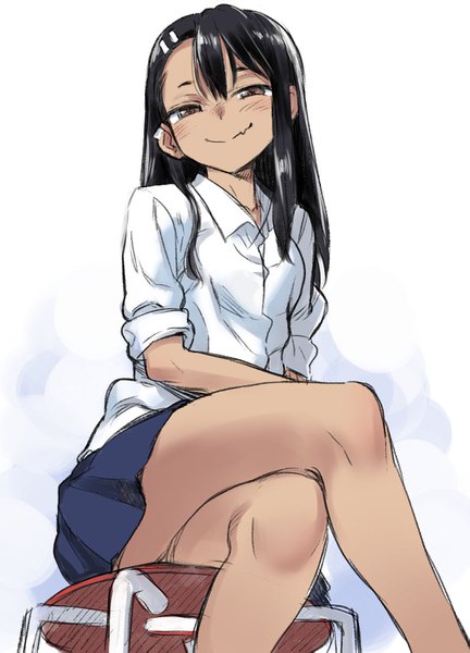 Anime picture 1109x1539 with ijiranaide nagatoro-san nagatoro hayase 774 (nanashi) single long hair tall image looking at viewer blush fringe black hair simple background smile hair between eyes white background sitting brown eyes pleated skirt bare legs from below fang (fangs)