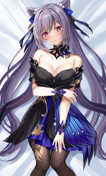 Anime picture 1000x1648 with genshin impact keqing (genshin impact) keqing (opulent splendor) (genshin impact) harimoji single long hair tall image looking at viewer blush fringe breasts open mouth light erotic hair between eyes large breasts purple eyes twintails bare shoulders payot cleavage