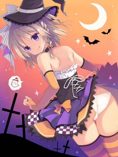 Anime-Bild 753x1000 mit original purinko single tall image looking at viewer short hair light erotic blonde hair purple eyes bare shoulders ass braid (braids) looking back pantyshot side braid halloween :q girl thighhighs underwear