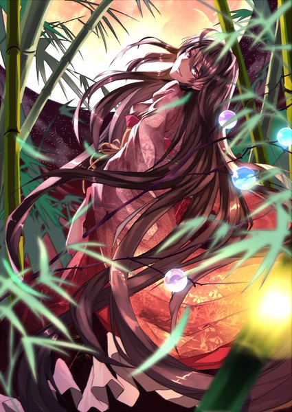 Anime picture 1000x1412 with touhou houraisan kaguya karlwolf single tall image black hair smile red eyes very long hair looking back girl dress plant (plants) moon bamboo