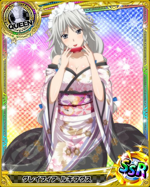 Anime picture 640x800 with highschool dxd grayfia lucifuge single long hair tall image looking at viewer braid (braids) traditional clothes japanese clothes grey hair grey eyes card (medium) kikumon girl headdress kimono maid headdress obi