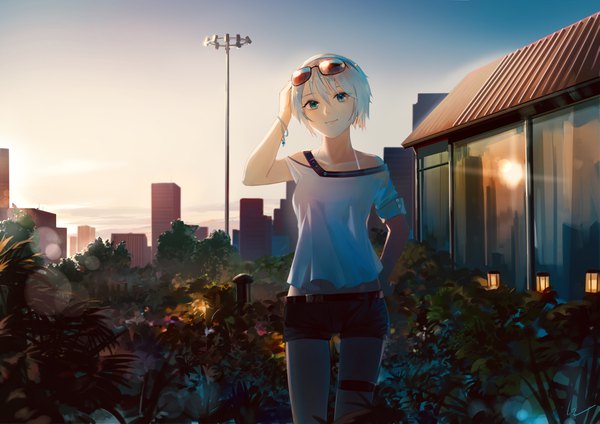 Anime picture 4093x2894 with original vocaloid vocaloid china yan he leiq single looking at viewer fringe highres short hair blue eyes smile hair between eyes standing bare shoulders signed absurdres sky silver hair outdoors