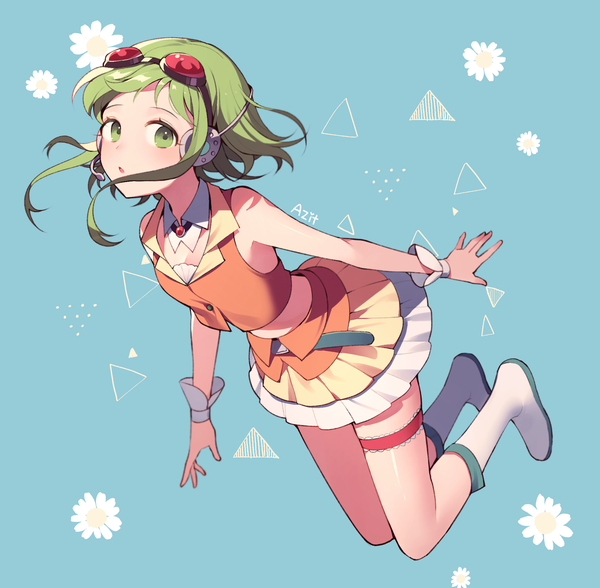 Anime picture 2009x1970 with vocaloid gumi azit (down) single looking at viewer blush highres short hair open mouth green eyes payot full body green hair midriff blue background goggles on head girl skirt flower (flowers) miniskirt
